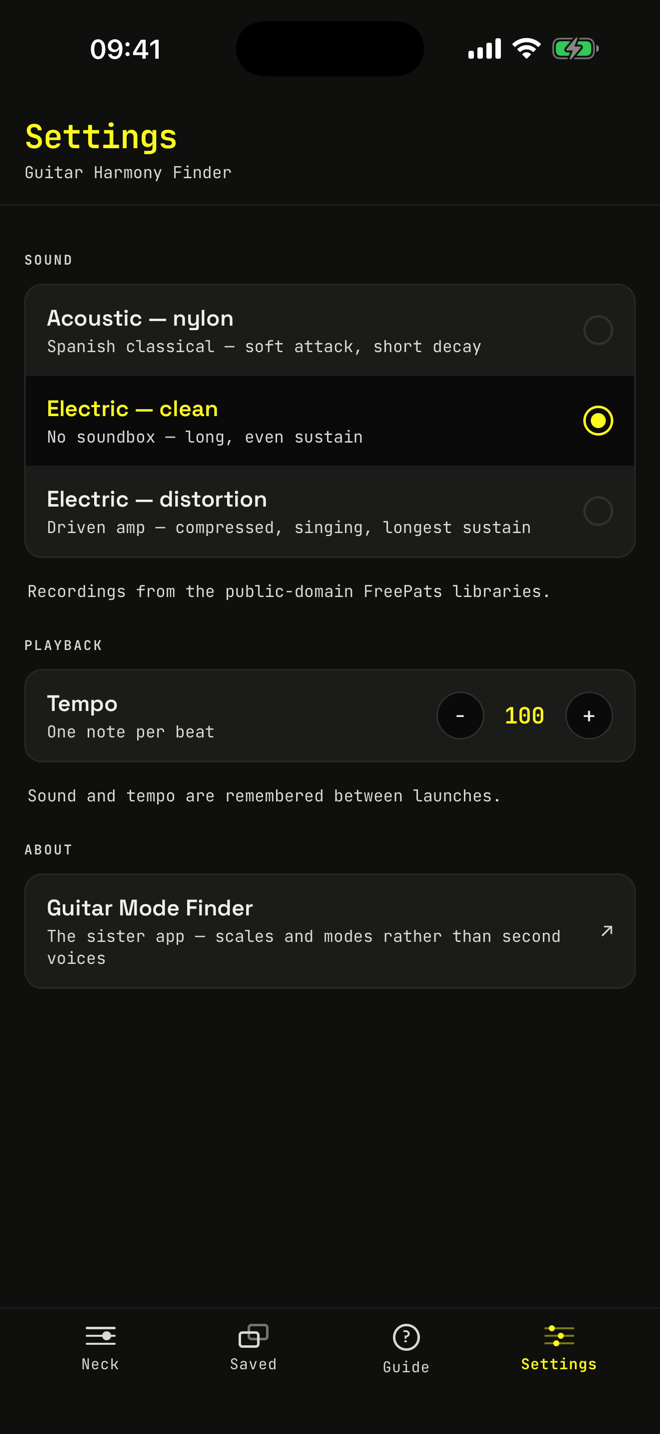 Settings: three guitar sounds — acoustic nylon, electric clean, electric distortion — and a tempo control set to 100.